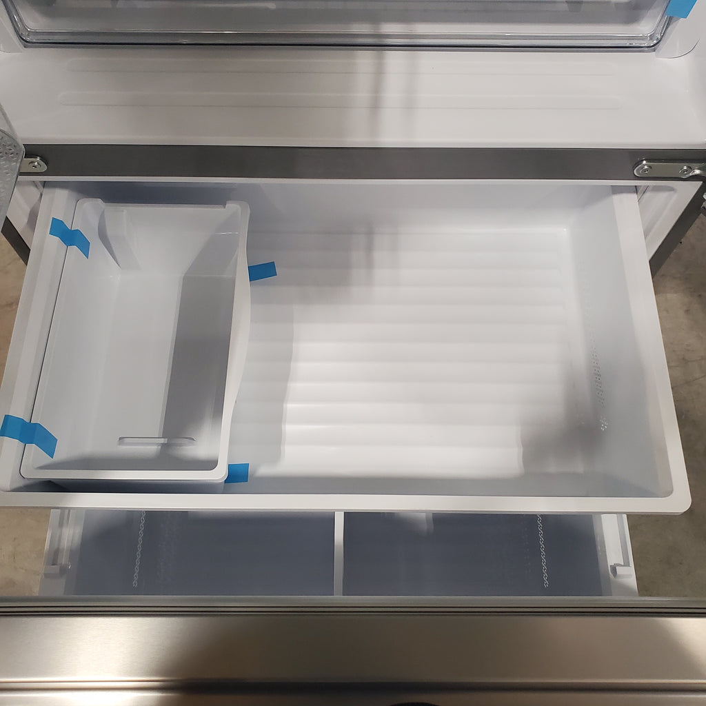 Pictures of Fingerprint Resistant Brushed Steel ENERGY STAR Hisense 26.6 cu. ft. 3 Door French Door Refrigerator with Icemaker and Internal Water Dispenser - Open Box - Neu Appliance Outlet - Discount Appliance Outlet in Austin, Tx