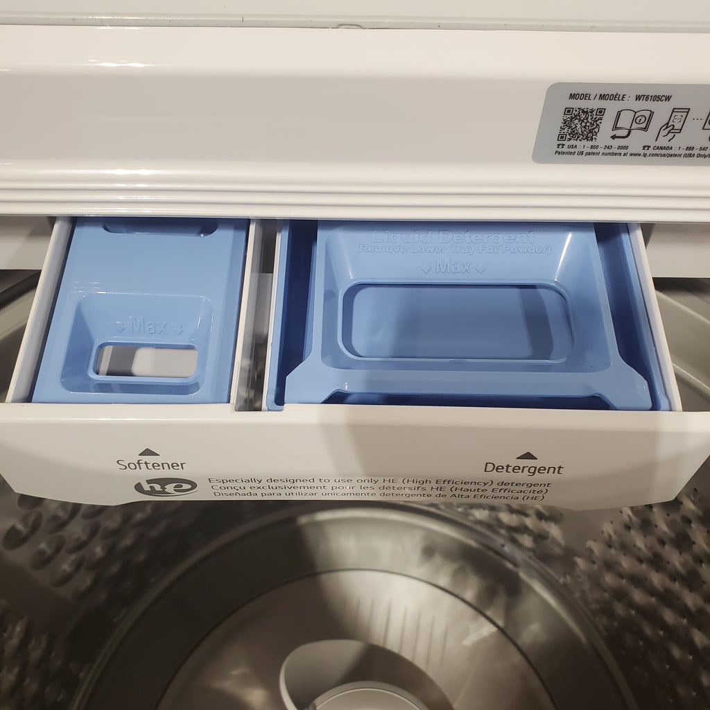 Pictures of ENERGY STAR LG 4.1 cu. ft. Top Load Washing Machine with 4-Way Agitator WT6105CW and ENERGY STAR LG 7.3 cu. ft. Electric Dryer with Smart Diagnosis DLE6100W - Scratch & Dent (Minor) - Neu Appliance Outlet - Discount Appliance Outlet in Austin, Tx