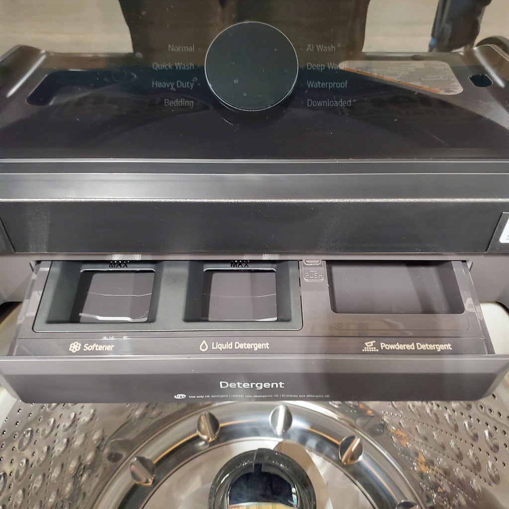 Pictures of LG 5.3 cu. ft. Smart Top Load Washer with 4-Way® Agitator, TurboWash3D Technology, and AI Sensing EasyUnload™ WT8405CB - Open Box and LG 7.3 cu. ft. Rear Control Electric Dryer with LG EasyLoad™ Door and AI Sensing DLE8400BE - Open Box - Neu Appliance Outlet - Discount Appliance Outlet in Austin, Tx