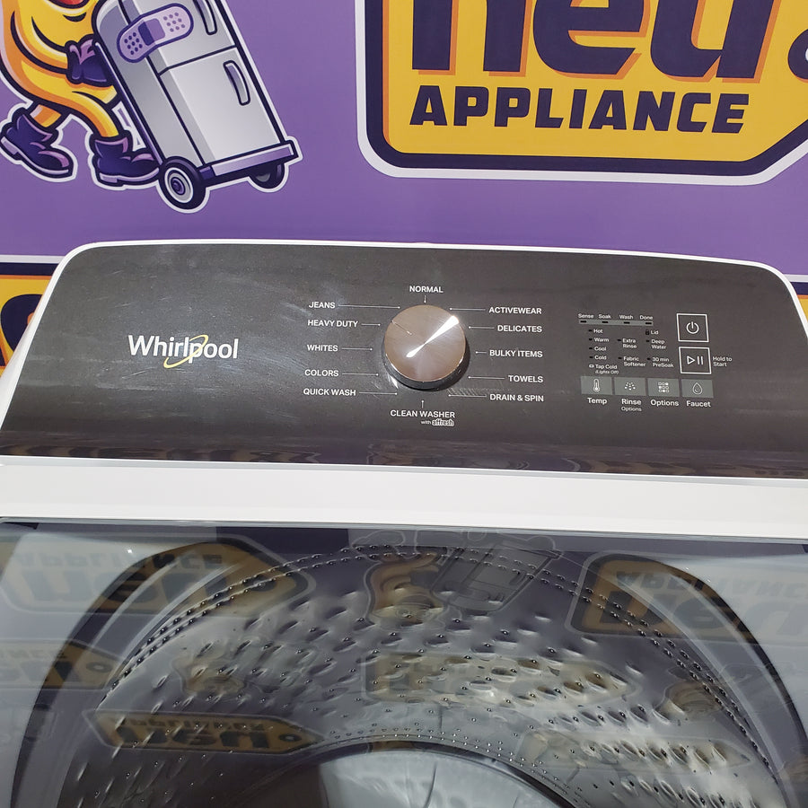 Whirlpool 4.6 Cu. Ft. Top Load Impeller Washer with Built-in Faucet WTW5020SW - Scratch & Dent (Moderate) and Whirlpool® 7.0 Cu. Ft. Electric Dryer with Moisture Sensor and Steam Refresh Cycle 16144 - WED6150PW - Open Box