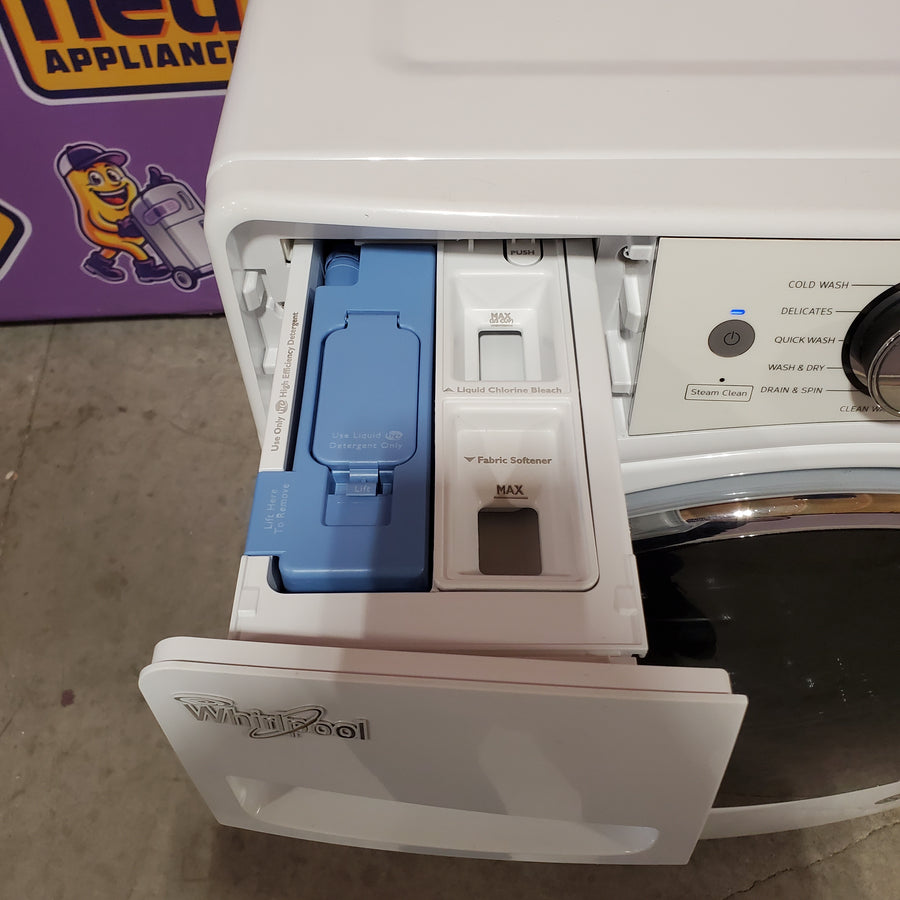 Whirlpool 27 Inch 4.5 cu. ft. Front Load Washer with Load & Go, Adaptive Wash, Steam Clean, 12 Wash Cycles, 1,200 RPM, and Smooth Wave Stainless Steel Basket WFW92HEFW - Scratch & Dent (Minor)