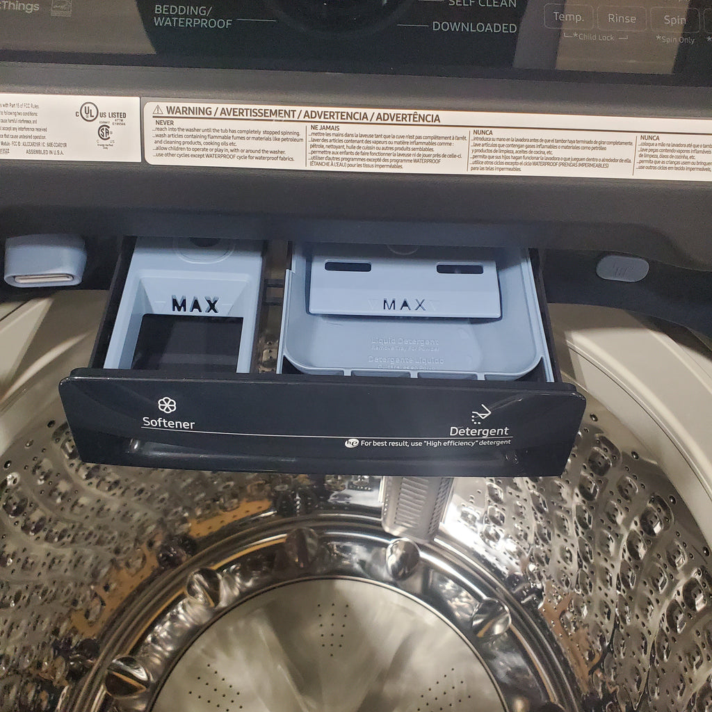 Pictures of Samsung Brushed Navy Blue 5.4 cu. ft. Smart Top Load Washer with Pet Care Solution and Super Speed Wash and 7.4 cu. ft. Smart Vented Electric Dryer with Pet Care Dry and Steam Sanitize+ - Scratch & Dent - Minor - Neu Appliance Outlet - Discount Appliance Outlet in Austin, Tx