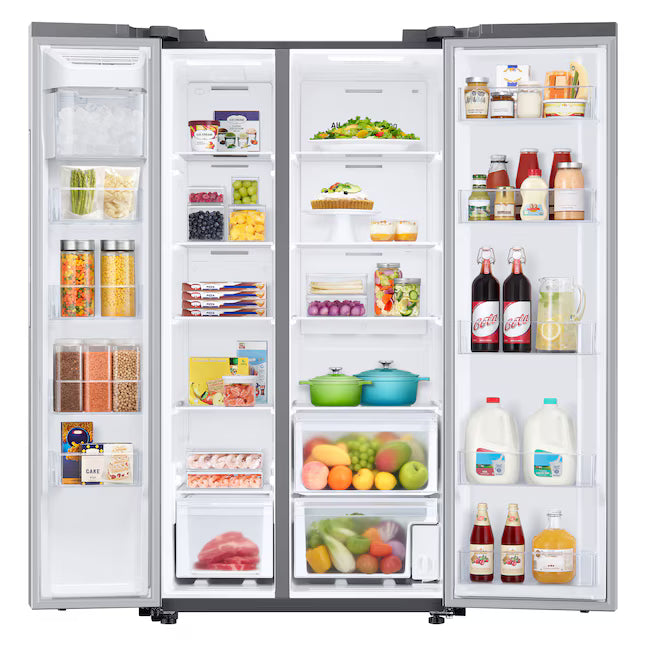 Samsung 28-cu ft Side-by-Side Refrigerator Smart Compatible with Ice Maker with Ice Dispenser in Fingerprint Resistant Stainless Steel 22SD028 - RS28A500ASR - Scratch & Dent (Minor)