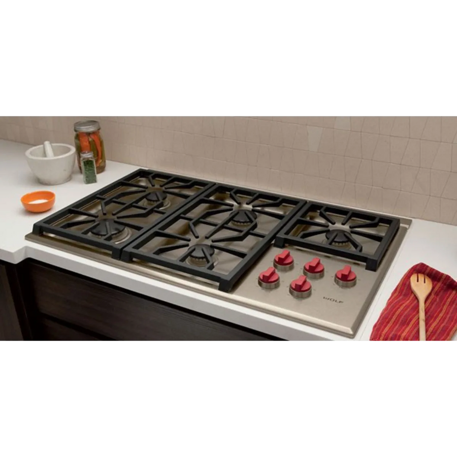 Wolf 36 Inch Gas Cooktop with 5 Dual-Stacked Sealed Burners, Continuous Grates, True Simmer Settings, Automatic Reignition, and Illuminated Controls CG365PS - Open Box