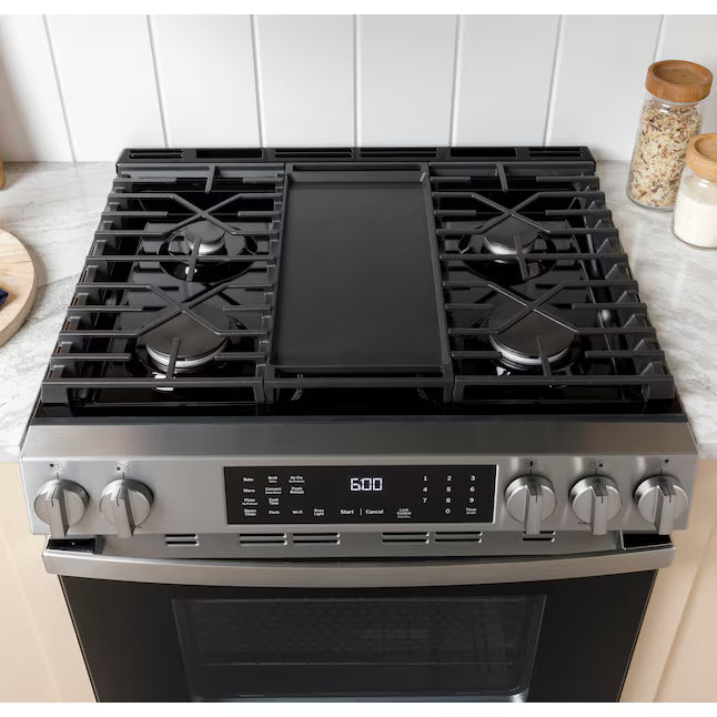 GE 30 in. 5-Burners Slide-In Gas Range in Stainless Steel with Crisp Mode GGS500SVSS - Scratch & Dent (Minor)