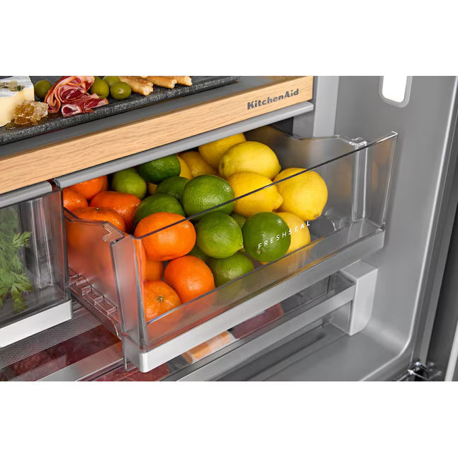 KitchenAid 36 in. 30 cu. ft. Standard Depth French Door Refrigerator in PrintShield Stainless with Exterior Water and Ice KRFF436SPS - Scratch & Dent (Minor)