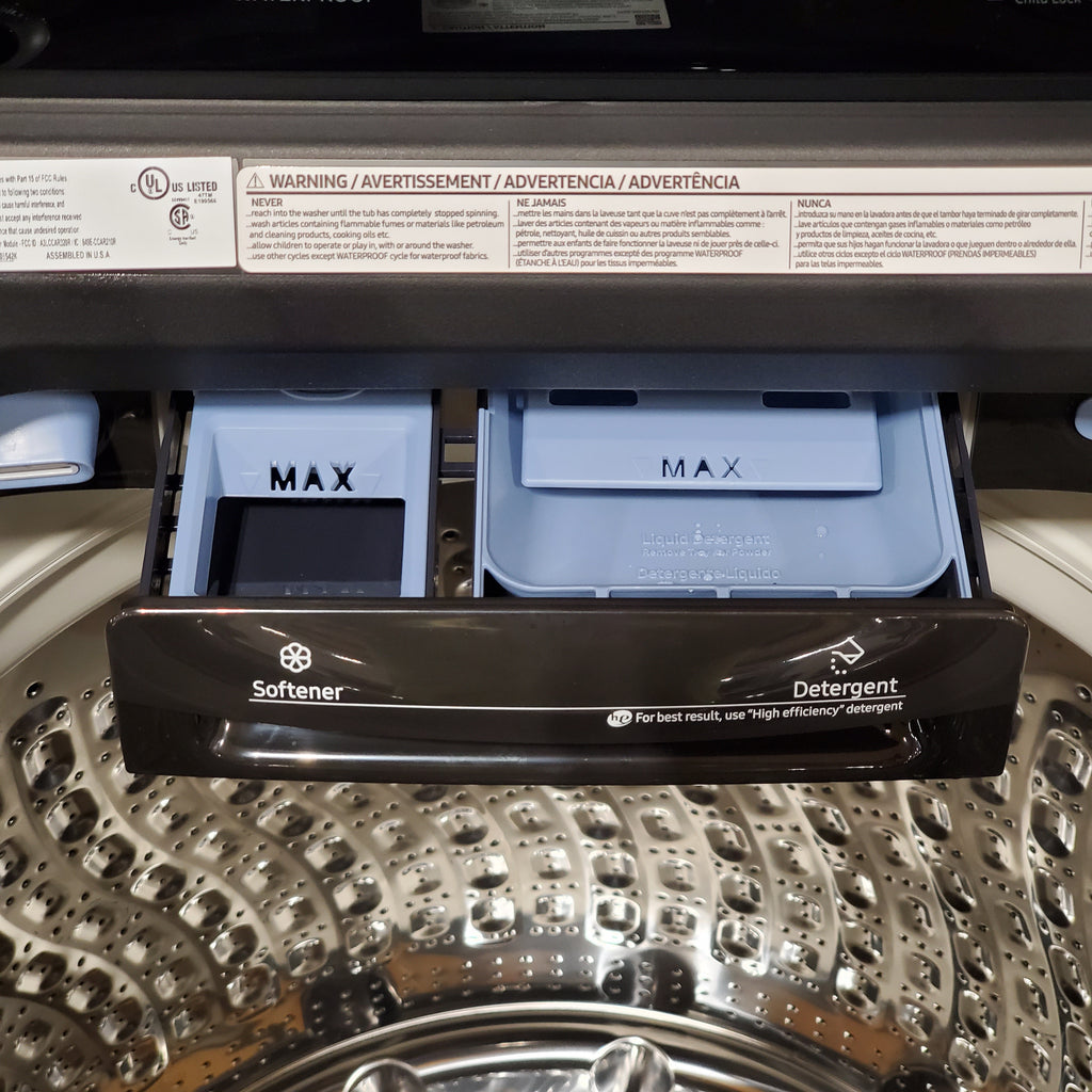 Samsung 5.5 cu.ft. Extra-Large Capacity Smart Top Load Washer with Super Speed Wash in Brushed Black 5SD229 - WA55CG7100AV - Scratch & Dent (Minor)