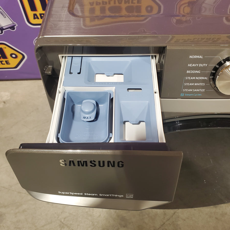 Samsung 4.5 cu. ft. Large Capacity Smart Front Load Washer with Super Speed Wash in Platinum WF45B6300AP - Scratch & Dent (Minor) and Samsung 7.5 cu. ft. Front Load Electric Dryer with Steam 16135 - DVE45B6300P - Scratch & Dent (Minor)