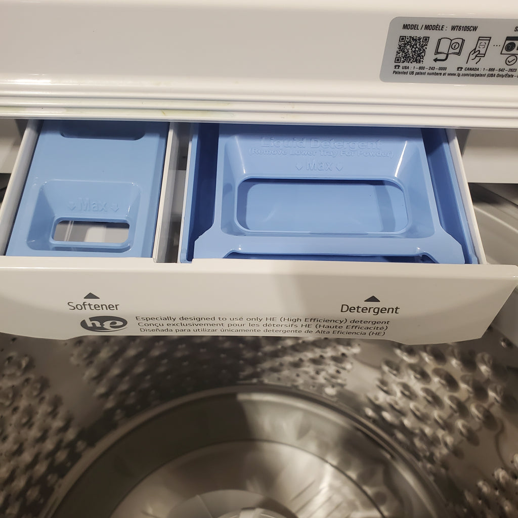 Pictures of ENERGY STAR LG 4.1 cu. ft. Top Load Washing Machine with 4-Way Agitator WT6105CW and ENERGY STAR LG 7.3 cu. ft. Electric Dryer with Smart Diagnosis DLE6100W - Open Box - Neu Appliance Outlet - Discount Appliance Outlet in Austin, Tx