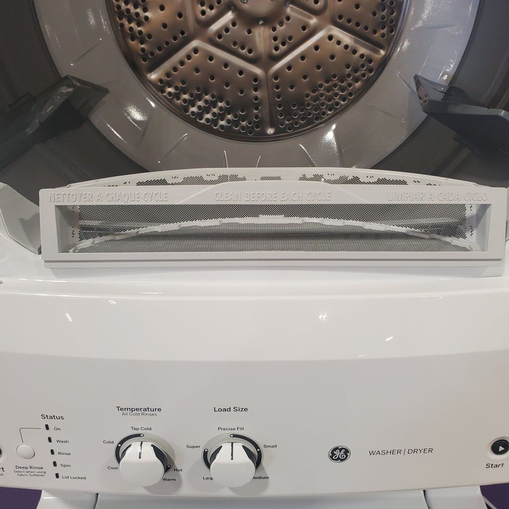 GE Unitized Spacemaker® 3.8 cu. ft. Capacity Washer with Stainless Steel Basket and 5.9 cu. ft. Capacity Electric Dryer 9SD054 - GUD27ESSMWW - Scratch & Dent (Minor)