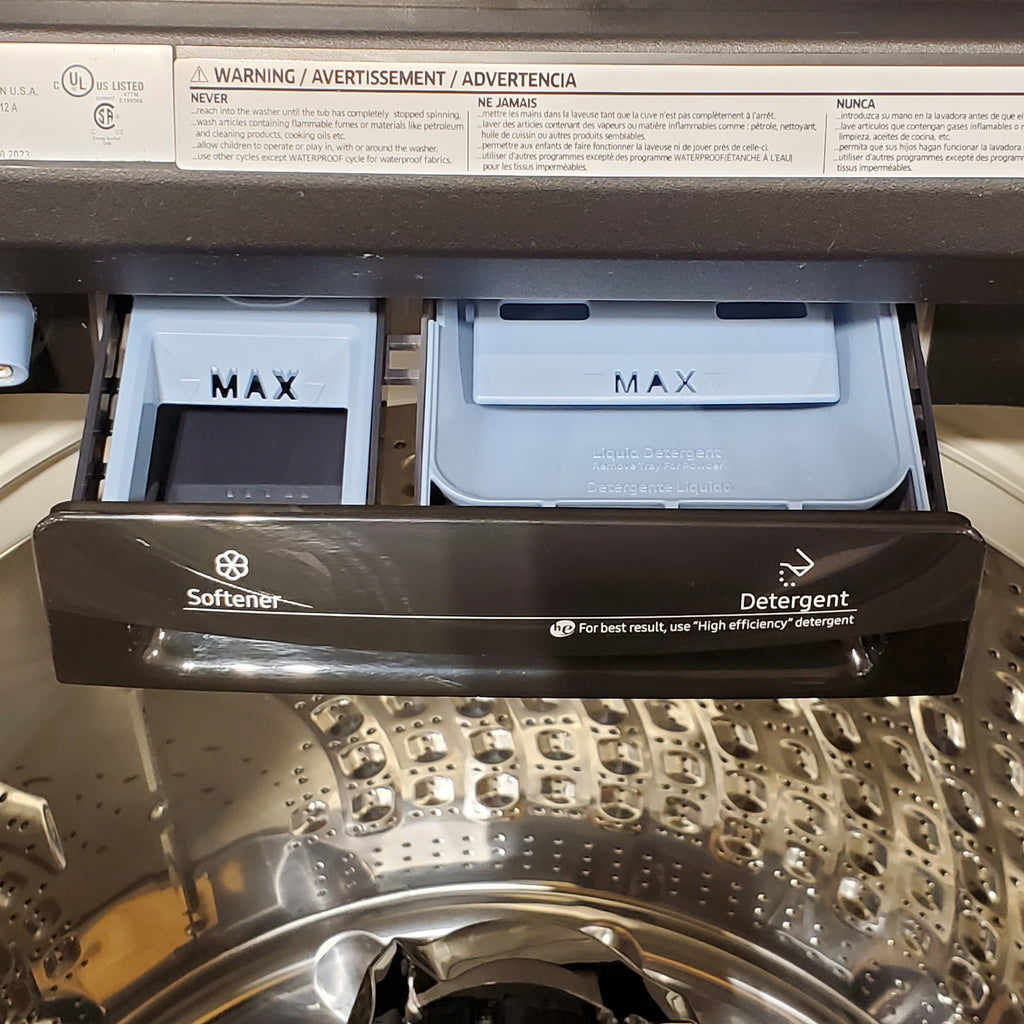 Pictures of Samsung 5.1 cu. ft. Smart Top Load Washer with ActiveWave™ Agitator and Super Speed Wash in Brushed Black 1CR0447 - WA51A5505AV - Certified Refurbished - Neu Appliance Outlet - Discount Appliance Outlet in Austin, Tx