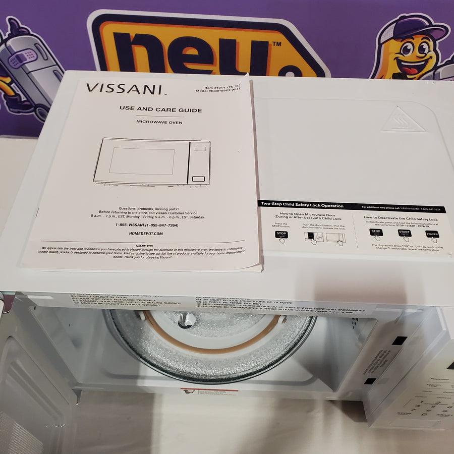 Vissani 1.1 cu. ft. Electric 1000-W Countertop Microwave in White with Turntable, 6-Heating Functions, and 2-Step Lock System E30PXP02-WHT - Scratch & Dent (Minor)