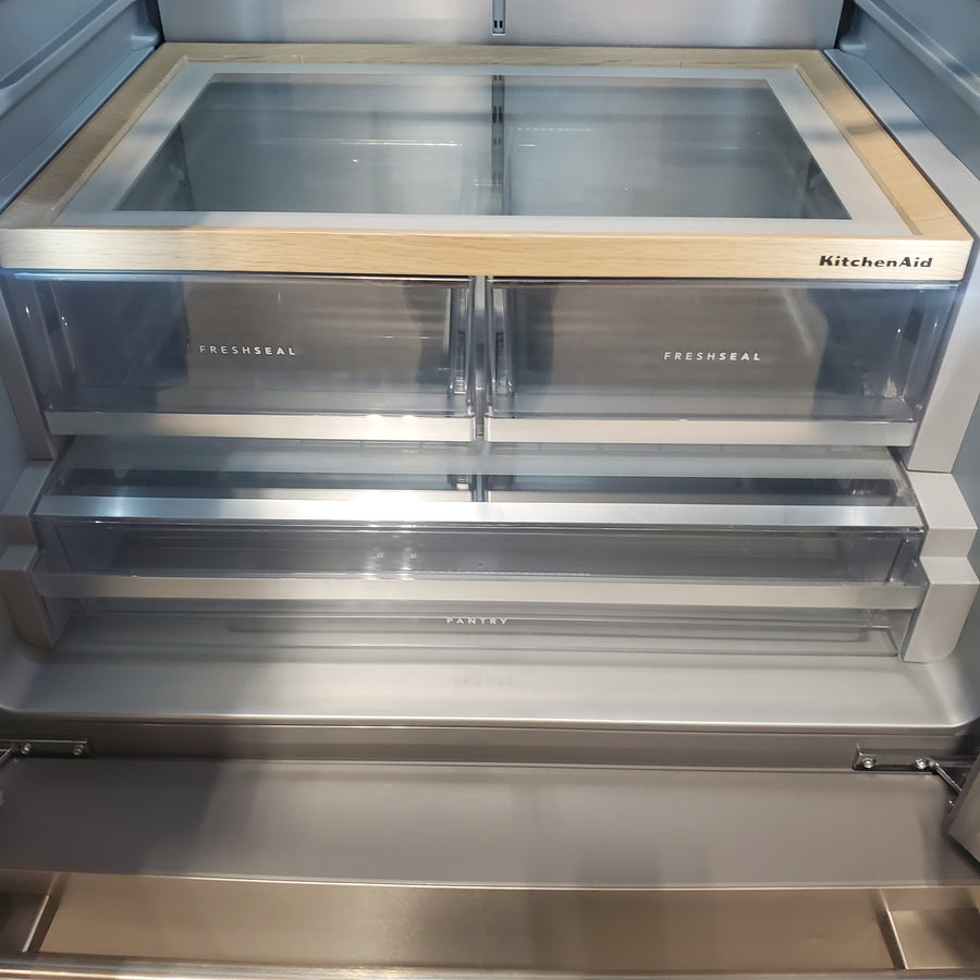KitchenAid 36 in. 30 cu. ft. Standard Depth French Door Refrigerator in PrintShield Stainless with Exterior Water and Ice KRFF436SPS - Scratch & Dent (Minor)