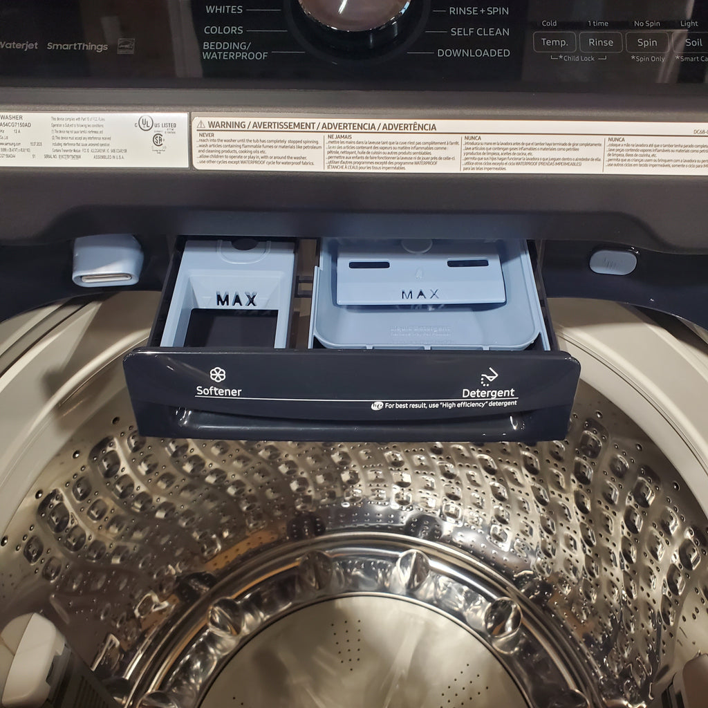 Pictures of Samsung 5.4 cu. ft. Smart Top Load Washer with Pet Care Solution and Super Speed Wash WA54CG7150AD - Open Box and 7.4 cu. ft. Smart Vented Electric Dryer with Pet Care Dry and Steam Sanitize+ 16040 - DVE54CG7150D - Scratch & Dent (Minor) - Neu Appliance Outlet - Discount Appliance Outlet in Austin, Tx