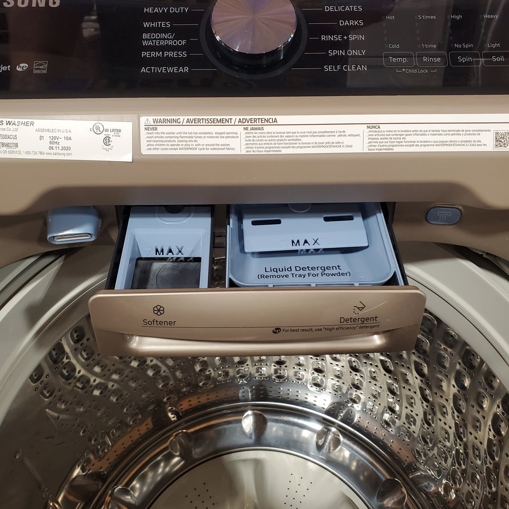 Pictures of Samsung 5.0 cu. ft. High Efficiency Top Load Washer with Active WaterJet in Champagne 1CR04086 - WA50T5300AC - Certified Refurbished - Neu Appliance Outlet - Discount Appliance Outlet in Austin, Tx