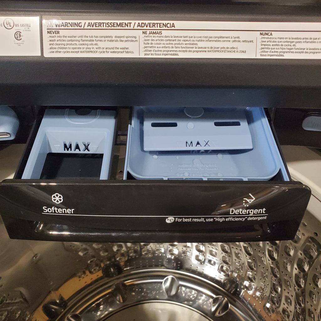 Pictures of Samsung 5.5 cu.ft. Extra-Large Capacity Smart Top Load Washer with Super Speed Wash in Brushed Black WA55CG7100AVUS - Scratch & Dent (Minor) - Neu Appliance Outlet - Discount Appliance Outlet in Austin, Tx