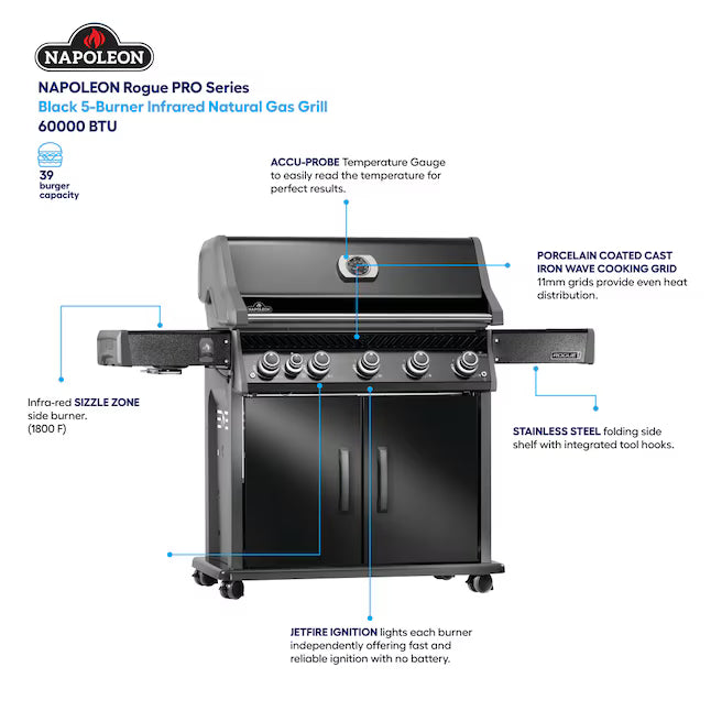 NAPOLEON Rogue PRO 625 Series Black 5-Burner Infrared Natural Gas Grill 1-Side Burner RP625SIB - Open Box