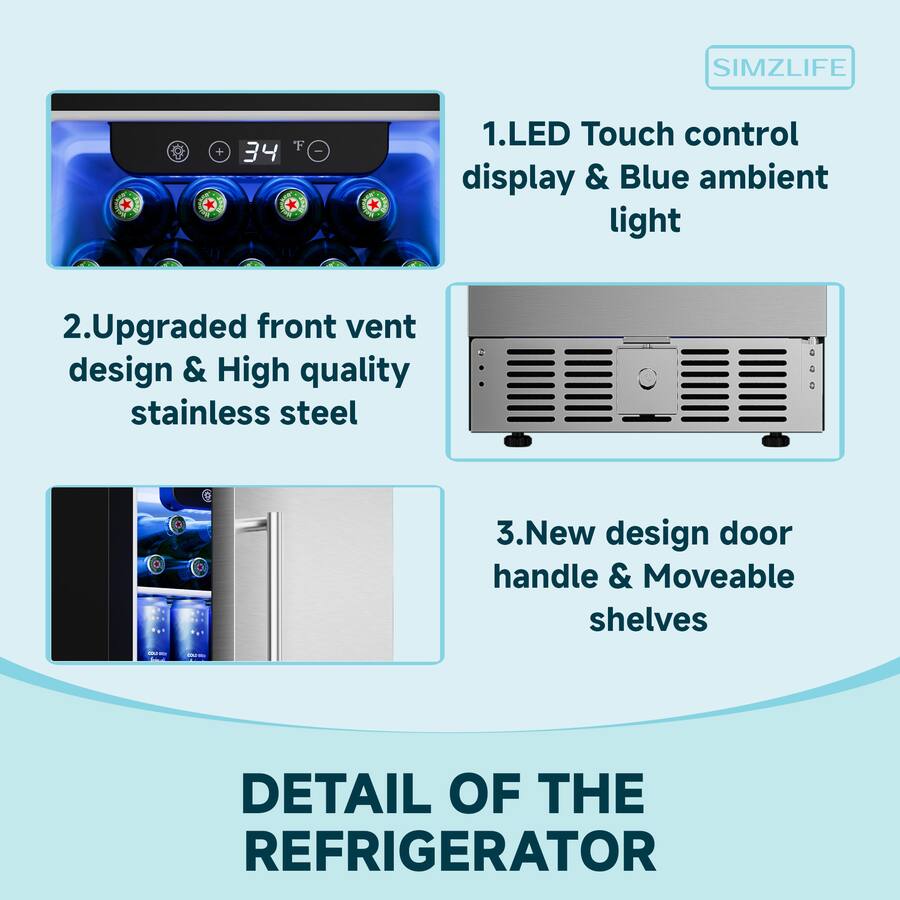 SIMZLIFE 130-Can Single Zone Beverage Fridge 15 in. Built-in Design in Stainless Steel RU-03 - Scratch & Dent (Minor)