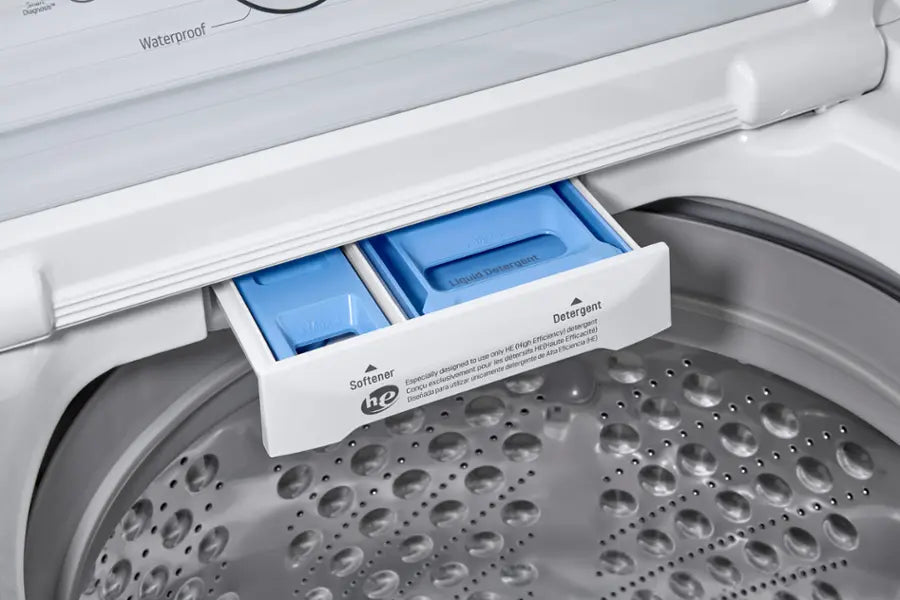 Pictures of LG White Top Load 4.5 Cu. Ft. Washer with NeveRust Drum and TurboDrum Technology WT7000CW - Certified Refurbished and LG 7.3 Cu. Ft. Electric Rear Control Ultra Large Capacity Dryer in White with Sensor Dry 16037 - DLE6100W - Certified Refurbished - Neu Appliance Outlet - Discount Appliance Outlet in Austin, Tx