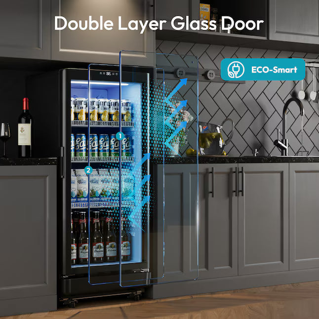 Euhomy 21.3 in. Single Zone 220-Cans Freestanding/Built-in Beverage Refrigerator Cooler in Black with LED Light, See-Thru Door CDR002-6BL - New in Box