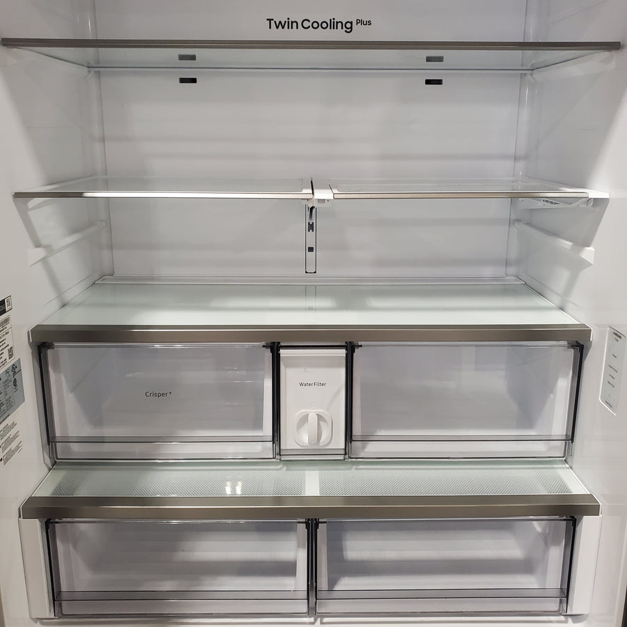 Samsung Counter-Depth Beverage Center 24.0 cu ft 3-Door Smart Compatible French Door Refrigerator with Dual Ice Maker with Water Dispenser and Door within Door ENERGY STAR Certified in White Glass RF24BB660012 - Scratch & Dent (Minor)