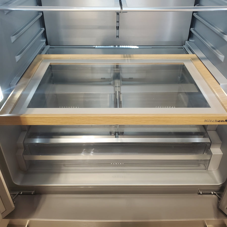 KitchenAid 36 in. 30 cu. ft. Standard Depth French Door Refrigerator in PrintShield Stainless with Exterior Water and Ice KRFF436SPS - Scratch & Dent (Minor)