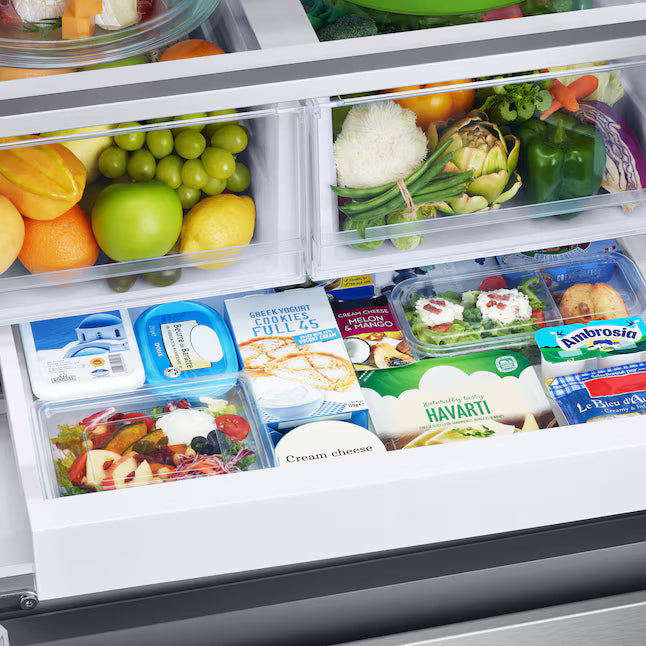Samsung 25 cu. ft. 33" Wide Standard Depth 3-Door French Door Smart Refrigerator in Stainless Steel with Beverage Center and Dual Ice Maker 30132SD55 - RF25C5551SR - Scratch & Dent (Major)