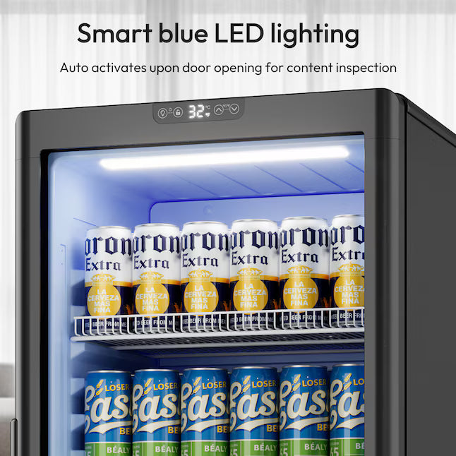 Euhomy 21.3 in. Single Zone 220-Cans Freestanding/Built-in Beverage Refrigerator Cooler in Black with LED Light, See-Thru Door CDR002-6BL - New in Box