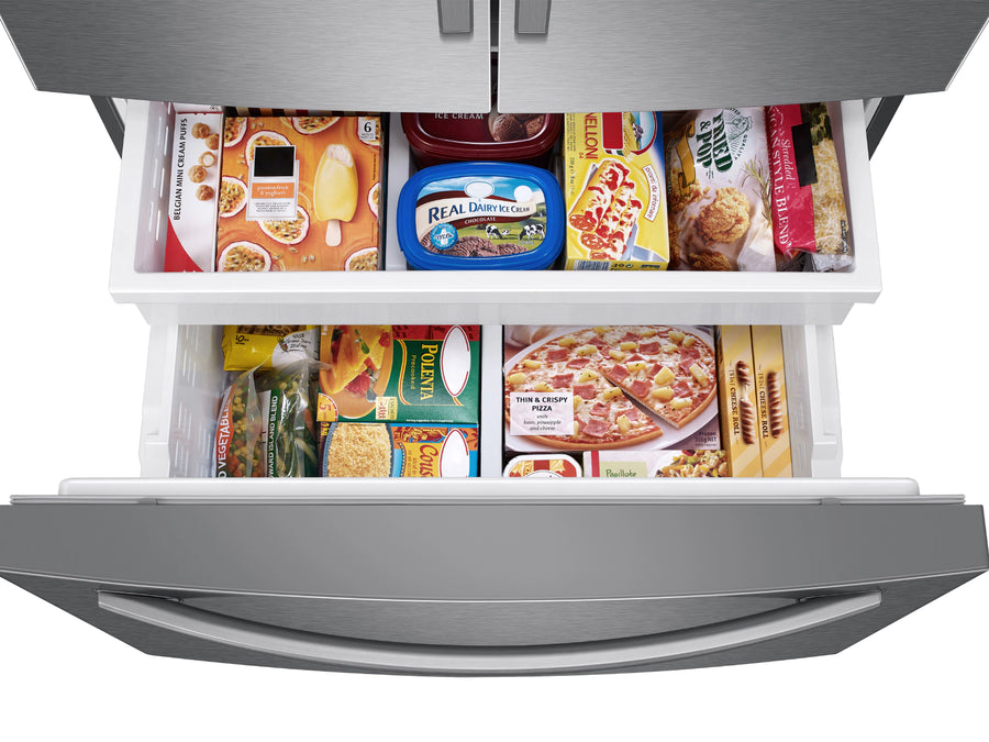 Samsung 26.5 cu. ft. Large Capacity 3-Door French Door Refrigerator with Family Hub™ and External Water & Ice Dispenser in Stainless Steel RF27T5501SR - Scratch & Dent (Major)