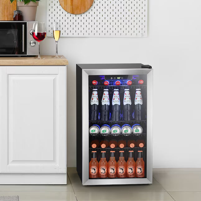 COWSAR 17.5-in W 130 -Can Capacity Stainless Steel Freestanding Indoor Beverage Refrigerator with Glass Door W5899SSH - New in Box