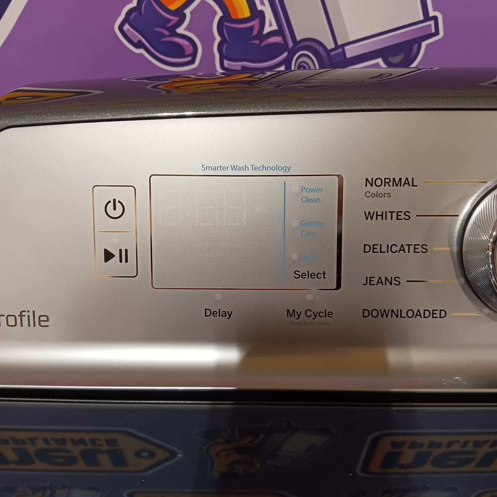 GE PTW600BPRDG Close-up of a washing machine control panel with various settings.