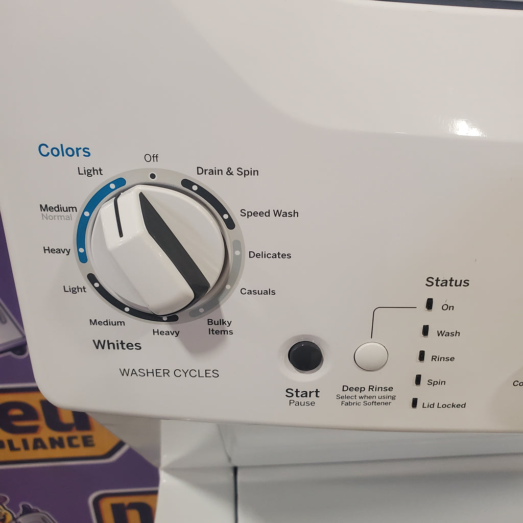 GE Unitized Spacemaker® 3.8 cu. ft. Capacity Washer with Stainless Steel Basket and 5.9 cu. ft. Capacity Electric Dryer 9SD054 - GUD27ESSMWW - Scratch & Dent (Minor)