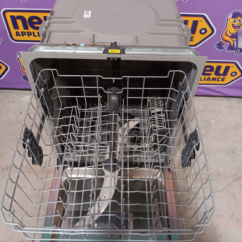 GE GDT565HSYSS Dishwasher with open door showing interior racks against a branded background