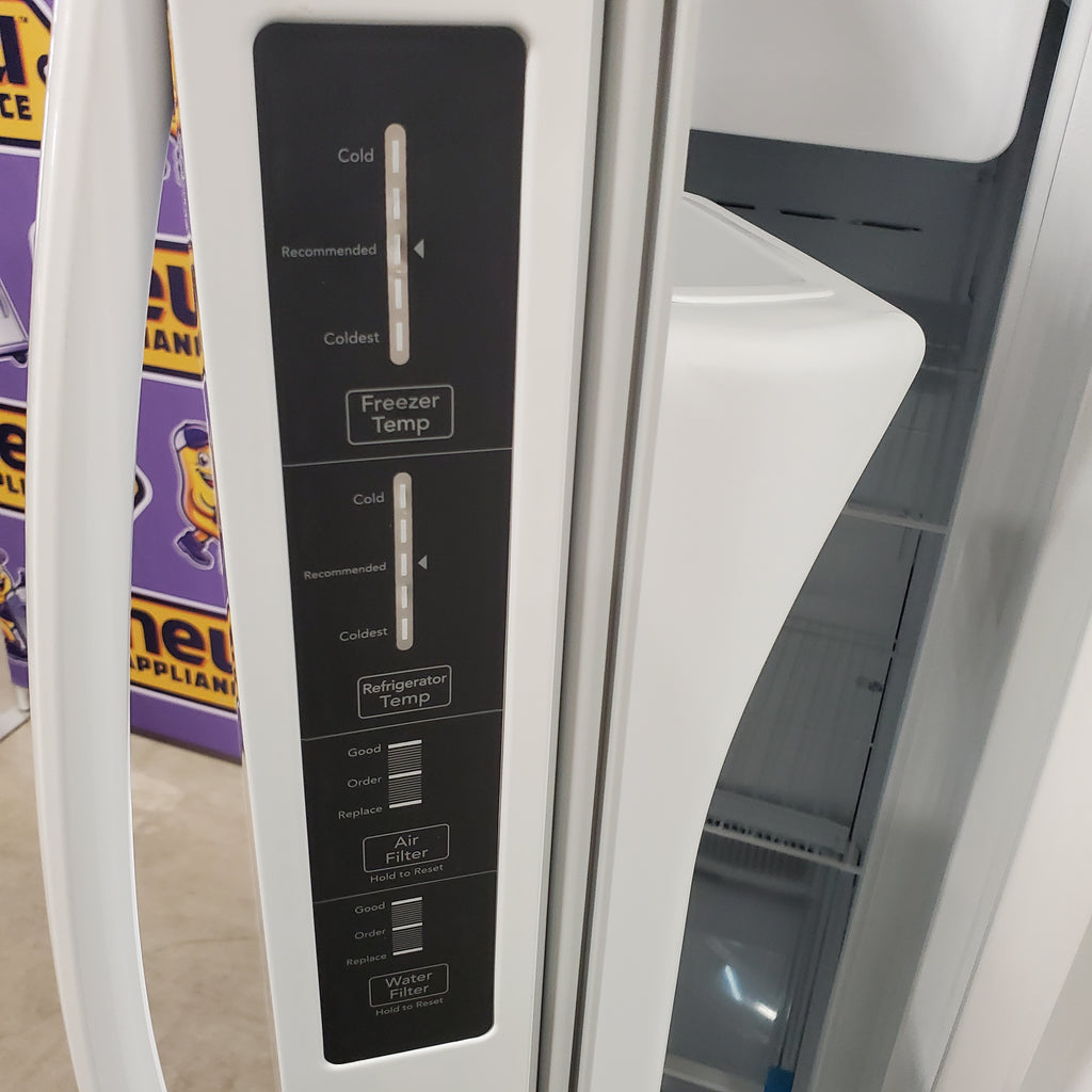 Pictures of Frigidaire 36" Wide 25.6 cu. ft. Side by Side Refrigerator in White with Exterior Ice and Water Dispenser FRSS2623AW - Open Box - Neu Appliance Outlet - Discount Appliance Outlet in Austin, Tx