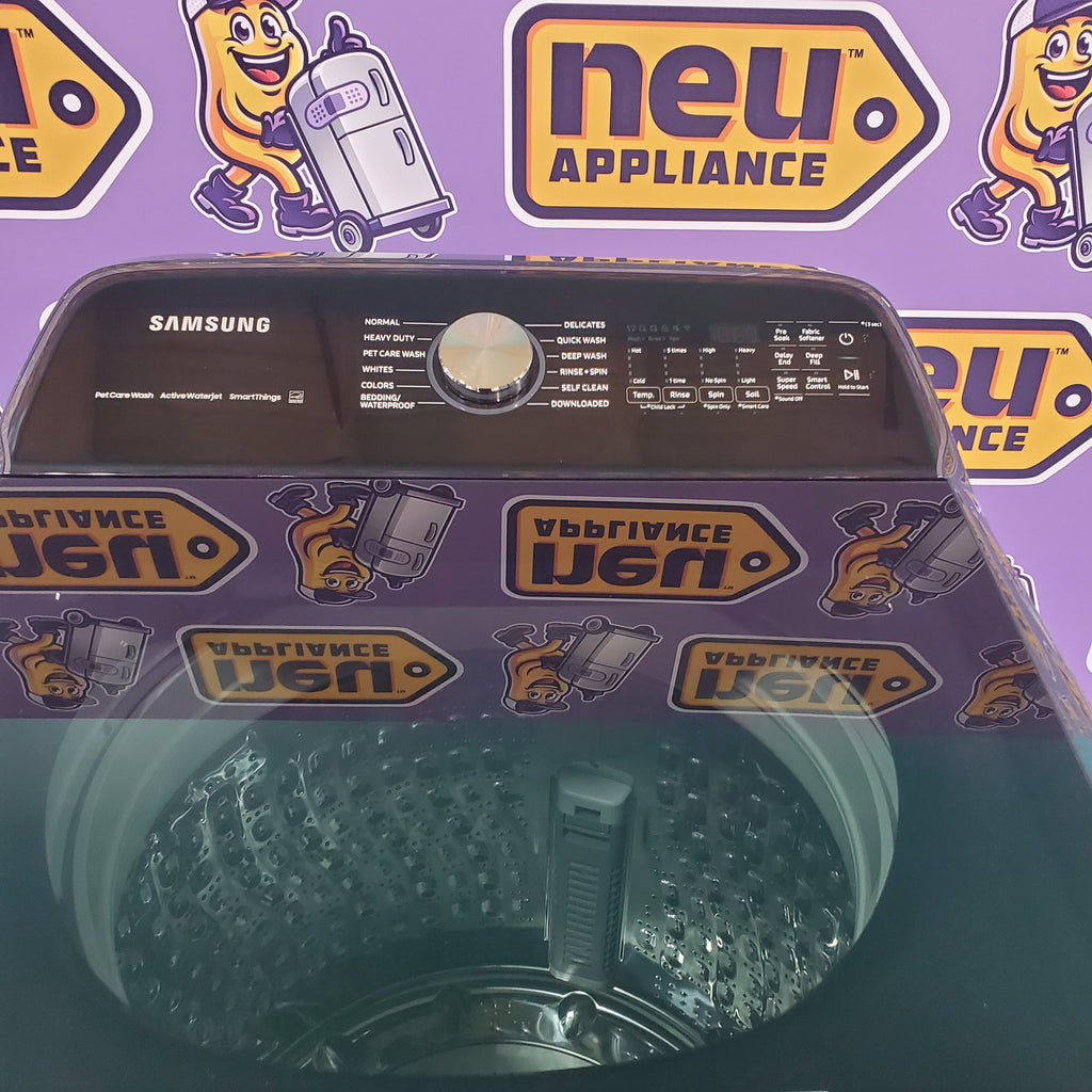 Pictures of Samsung Brushed Navy Blue 5.4 cu. ft. Smart Top Load Washer with Pet Care Solution and Super Speed Wash and 7.4 cu. ft. Smart Vented Electric Dryer with Pet Care Dry and Steam Sanitize+ - Scratch & Dent - Minor - Neu Appliance Outlet - Discount Appliance Outlet in Austin, Tx