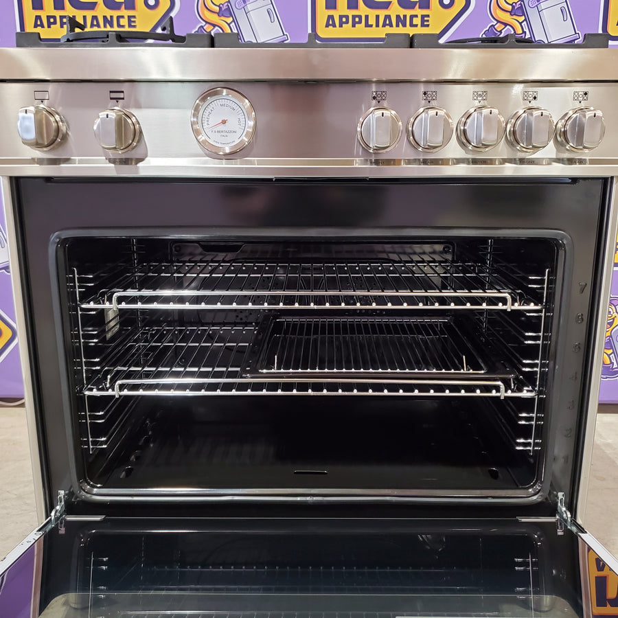 Bertazzoni Master Series 36 Inch Freestanding Gas Range with 5 Sealed Burners, 5.9 cu. ft. Oven Capacity, Dual Convection Oven, Soft-Close Door Stainless Steel Natural Gas MAST365GASXE - Scratch & Dent (Moderate)
