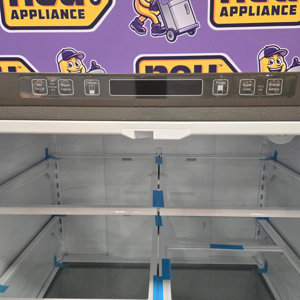 Pictures of Fingerprint Resistant Brushed Steel ENERGY STAR Hisense 26.6 cu. ft. 3 Door French Door Refrigerator with Icemaker and Internal Water Dispenser - Scratch & Dent - (Minor) - Neu Appliance Outlet - Discount Appliance Outlet in Austin, Tx