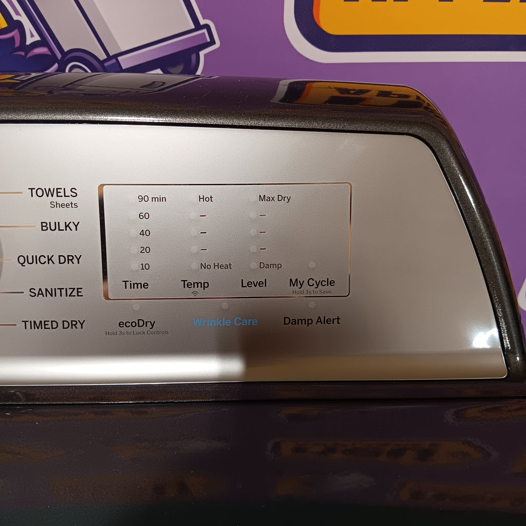 GE PTD60EBPRDG Control panel of a dryer with various settings on a purple background