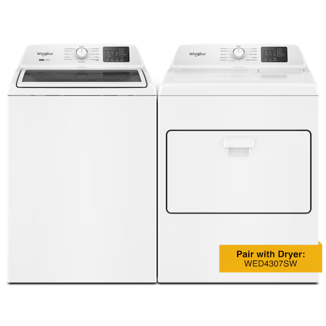 Whirlpool 4.2-4.3 Cu. Ft. Top Load Washer with 2-in-1 Removable Agitator and Soft Close Glass Lid WTW4307SW - Scratch & Dent (Minor) and Whirlpool 7.0 cu. ft. Electric Dryer with Adaptive Dry and Wrinkle Shield™ Option WED4307SW - Open Box