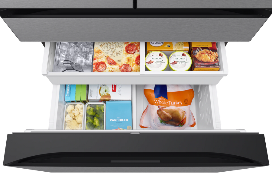 Samsung Bespoke 36 in. 29 cu. ft. Standard Depth 4-Door French Door Refrigerator in Stainless Steel with Beverage Center RF70F29DER - Scratch & Dent (Moderate)