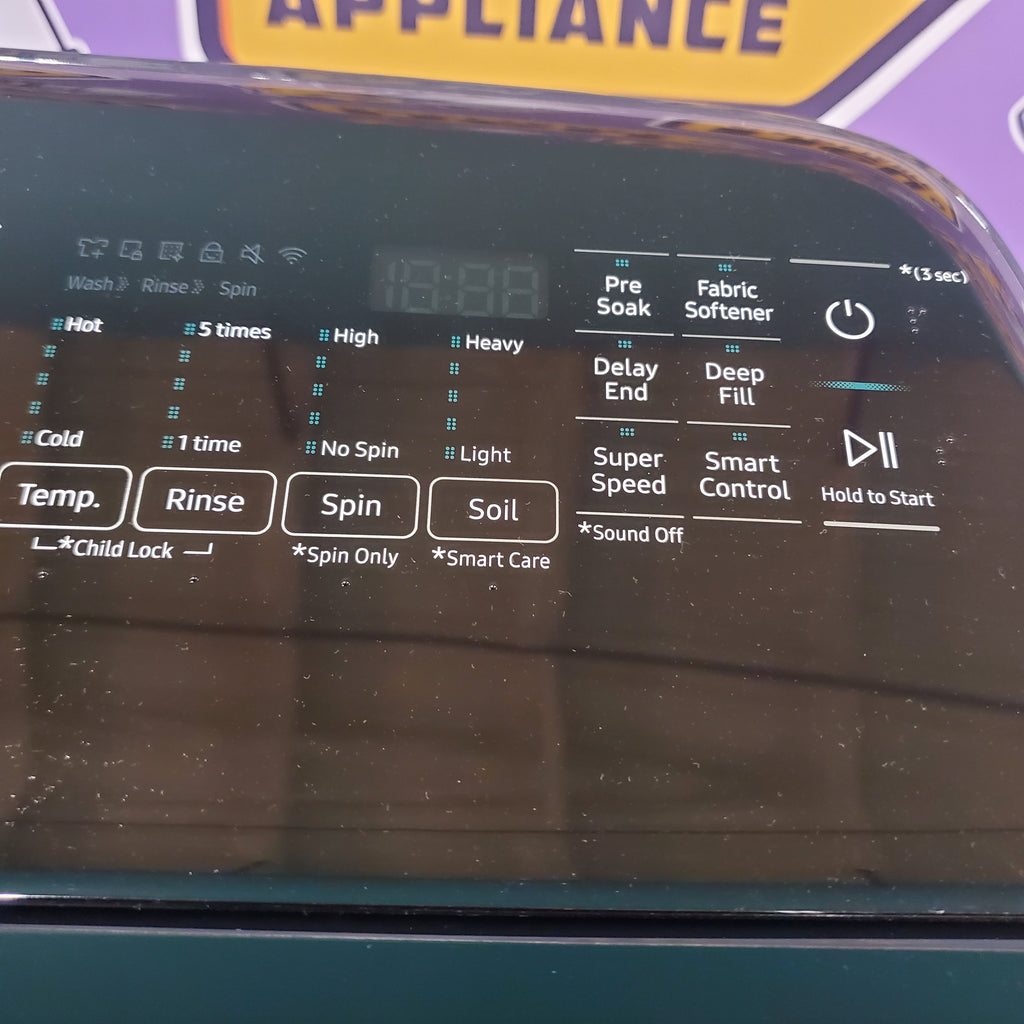 Pictures of Samsung Brushed Navy Blue 5.4 cu. ft. Smart Top Load Washer with Pet Care Solution and Super Speed Wash and 7.4 cu. ft. Smart Vented Electric Dryer with Pet Care Dry and Steam Sanitize+ - Scratch & Dent - Minor - Neu Appliance Outlet - Discount Appliance Outlet in Austin, Tx