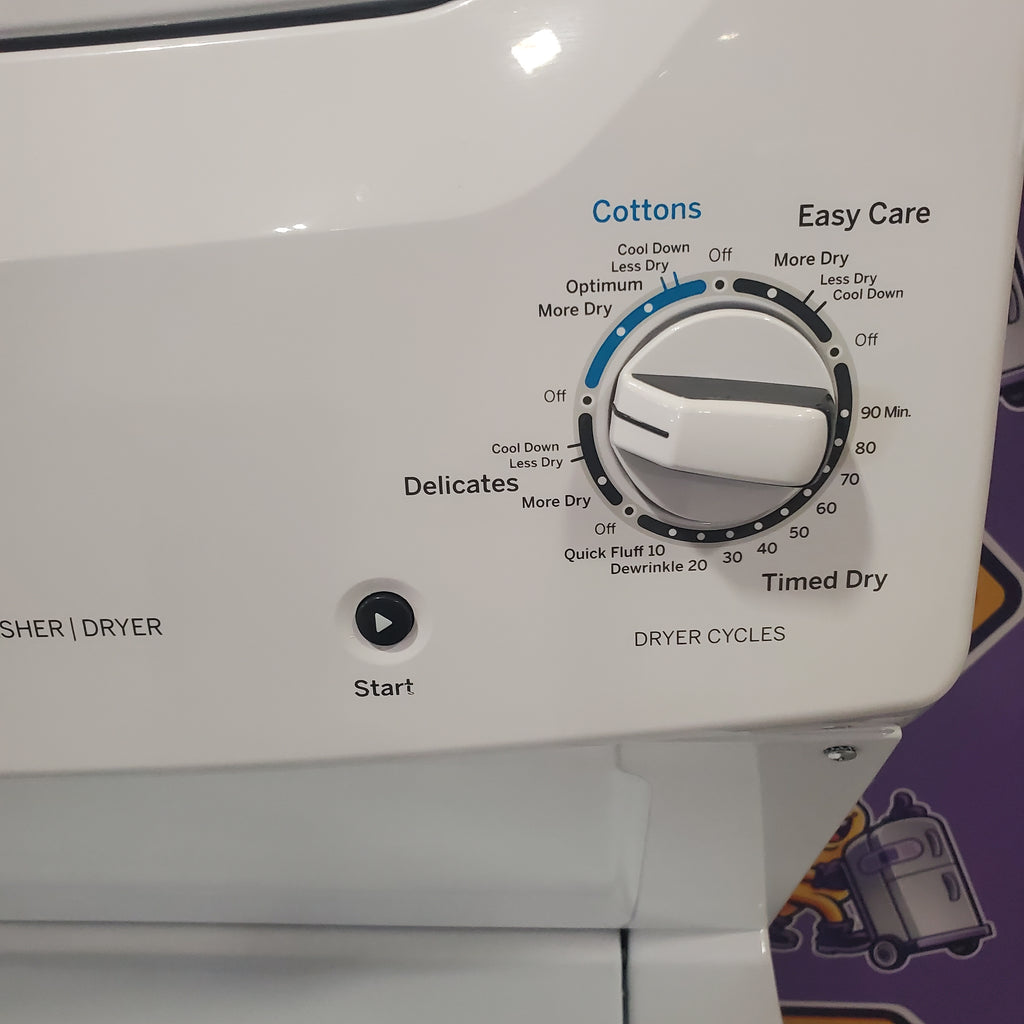 GE Unitized Spacemaker® 3.8 cu. ft. Capacity Washer with Stainless Steel Basket and 5.9 cu. ft. Capacity Electric Dryer 9SD054 - GUD27ESSMWW - Scratch & Dent (Minor)