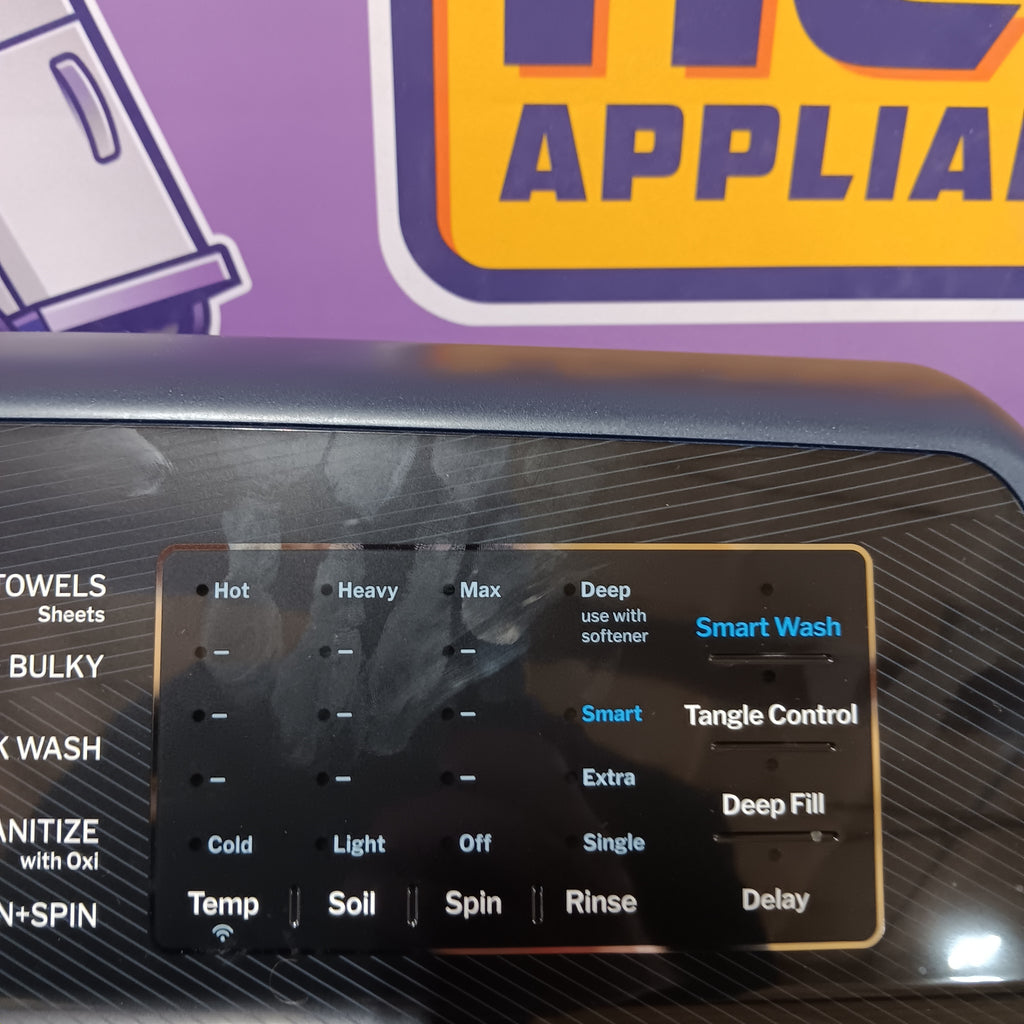 GE PTW805BPWRS Control panel of a washing machine with brand logo in the corner