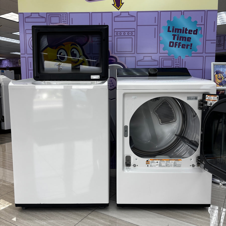 LG 5.5 cu. ft. Mega Capacity Top Load Washer with Impeller in Alpine White WT8400CW - Open Box and LG 7.3 cu. ft. Vented SMART Gas Dryer in White with EasyLoad Door, TurboSteam and Sensor Dry Technology 16269 - DLGX8601WE - Scratch & Dent (Minor)