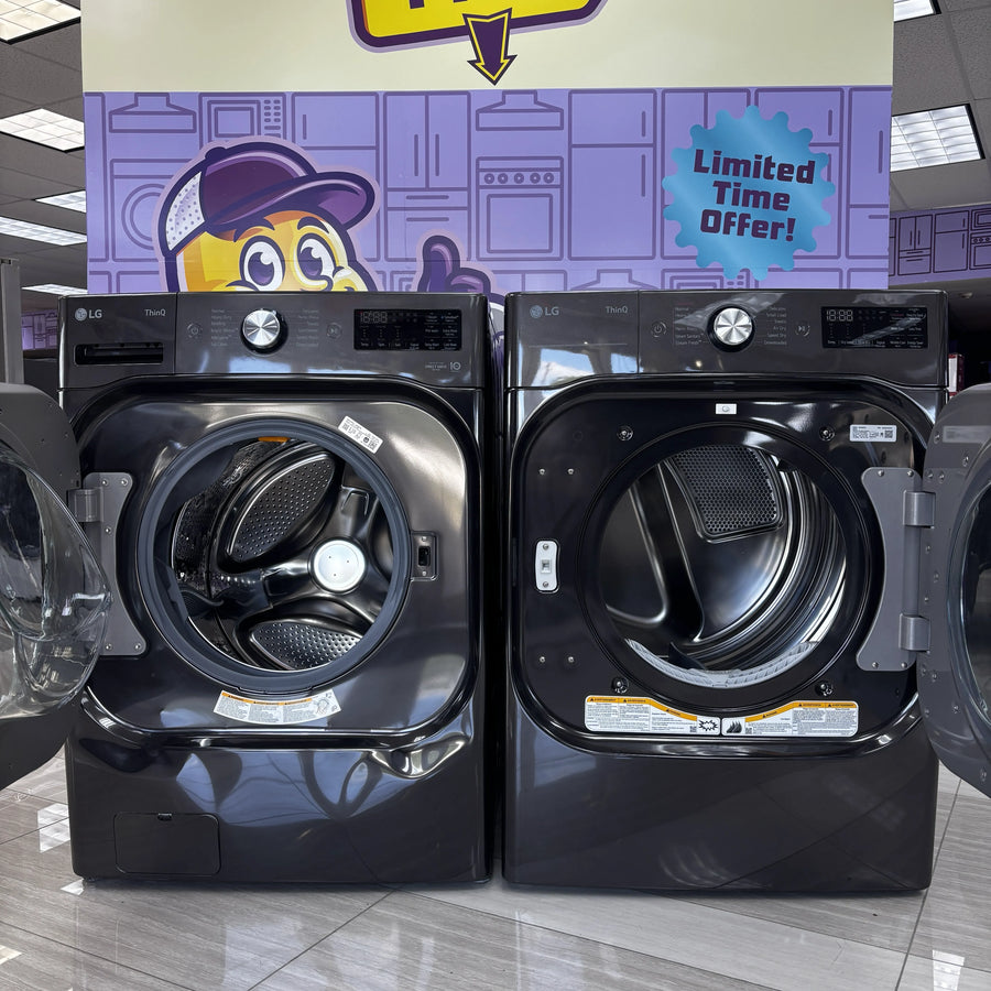 LG Mega Capacity Front Load 5.2 Cu. Ft. Washer with ThinQ Technology WM8900HBA - Scratch & Dent (Minor) and LG Black Steel 9.0 cu. ft. Mega Capacity Smart Wi-fi Enabled Front Load Gas Dryer DLGX8901B - Scratch & Dent (Minor)