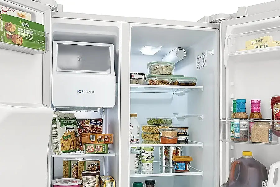 Pictures of Frigidaire 36" Wide 25.6 cu. ft. Side by Side Refrigerator in White with Exterior Ice and Water Dispenser FRSS2623AW - Open Box - Neu Appliance Outlet - Discount Appliance Outlet in Austin, Tx