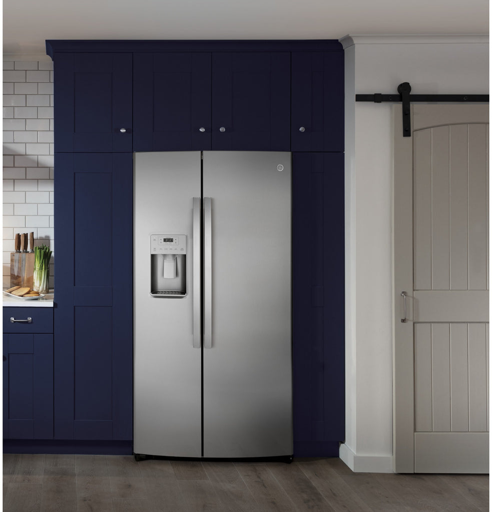 Pictures of GE 21.8 Cu. Ft. Counter-Depth Fingerprint Resistant Side-By-Side Refrigerator GZS221YN - New in Box - Neu Appliance Outlet - Discount Appliance Outlet in Austin, Tx