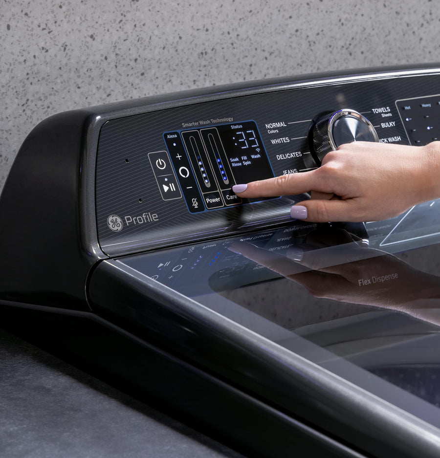 GE Profile™ ENERGY STAR® 5.3 cu. ft. Capacity Washer with Smarter Wash Technology PTW805BPWRS - New in Box and GE Profile™ ENERGY STAR® 7.3 cu. ft. Capacity Smart Electric Dryer with Steam and Washer Link GE9872E - PTD80EBPTRS - New in Box