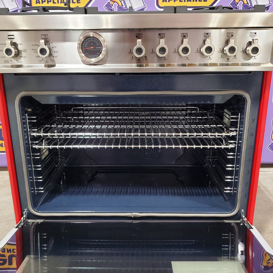 Bertazonni Professional Series 36" 5.7 cu. ft. Dual Fuel Range with Dual Convection Oven, 6 Brass Burners, and Soft-Close Oven Door in Red PROF366DFSROT - Open Box