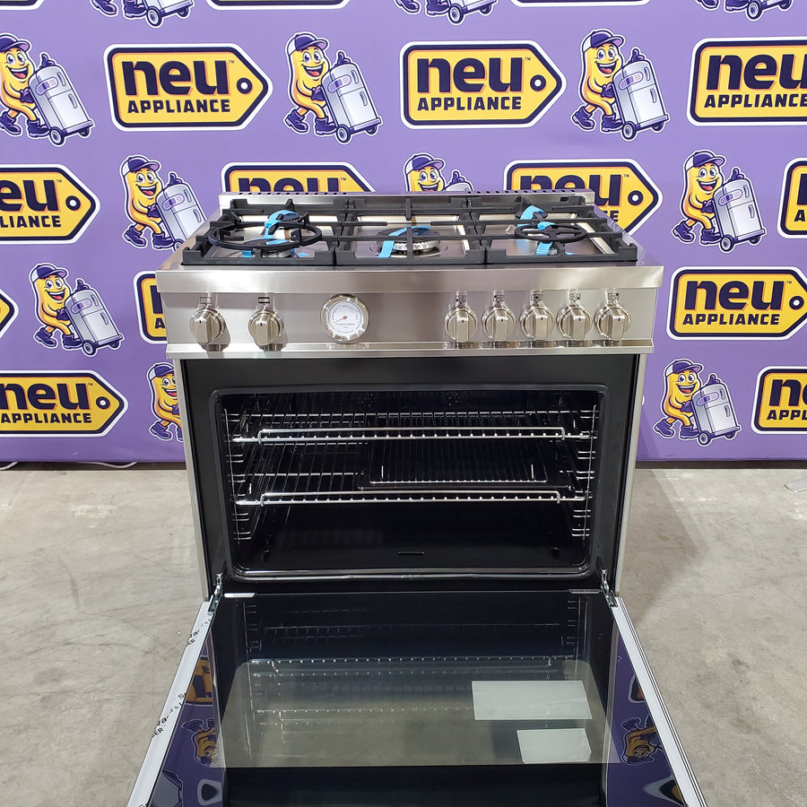 Bertazzoni Master Series 36 Inch Freestanding Gas Range with 5 Sealed Burners, 5.9 cu. ft. Oven Capacity, Dual Convection Oven, Soft-Close Door Stainless Steel Natural Gas MAST365GASXE - Scratch & Dent (Moderate)